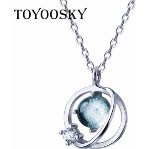925 Sterling Silver Crystal Pendant Necklace for Women Geometric Round Ball Clear Zircon Planet Jewelry Link Chain