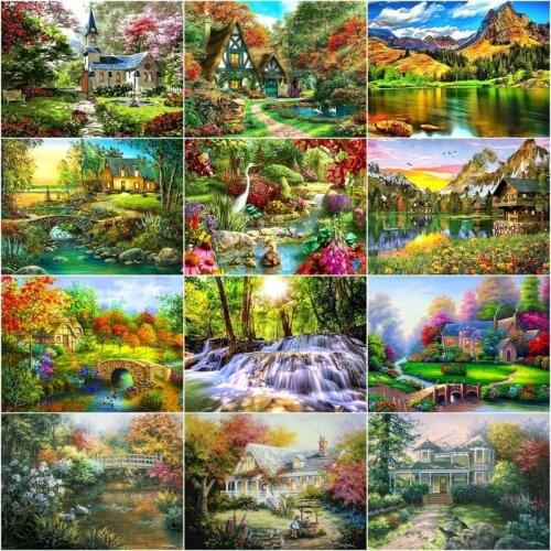 CHENISTORY Oil Painting By Number Spring - Houses Landscape Gift DIY 40x50cm Color Canvas Handpainted Art Gifthome Decor
