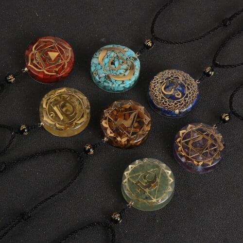 Energy 7 Chakra Orgonite Pendant Necklace Natural Chip Stone Round Orgone Necklaces Yoga Reiki Healing Jewelry For Men Women