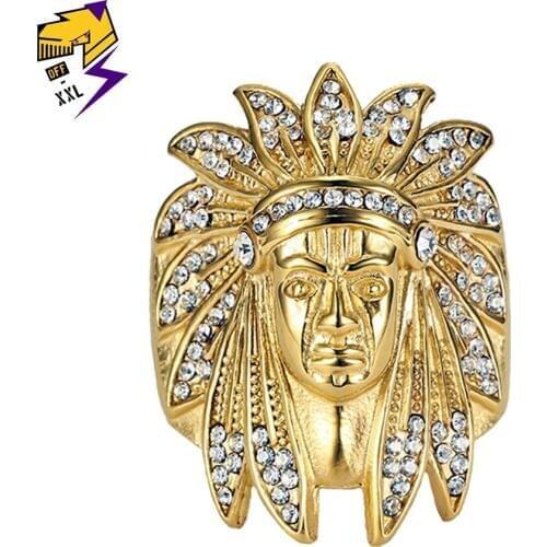 Hiphop Stainless Steel Face Rings Bling Full Crystal Ice out Ring for Men Gold Color Rock Roll Jewelry