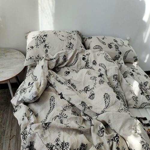 4Pcs Natural Plant Printed Washed Linen Bedding Set Home Household French Bed Sheet Duvet Cover Pillowcase