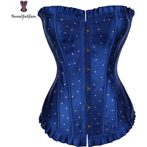 Waist Trainer Corset Satin Push Up Overbust Top Blue Rhinestone Corselet Sexy Lingerie Lace Up Bustiers Solid Royal Blue Korset