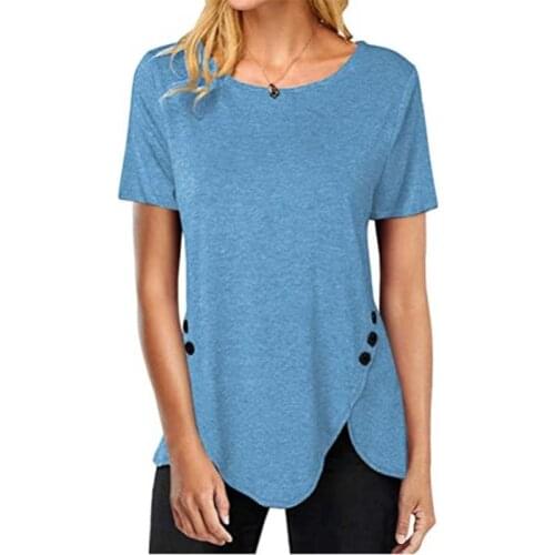 Summer Solid Color Button T Shirt Women Fashion O-neck Short Sleeve Asymmetric Pullover Tops Plus Size Loose Streetwear T-shirt