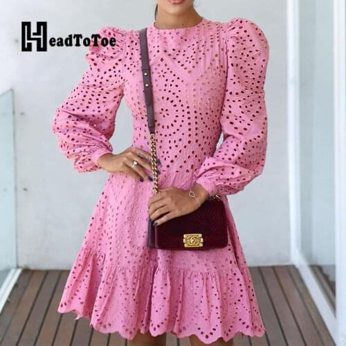 Hollow Round Neck Nine Points Sleeve Sweet Spring Autumn Dress