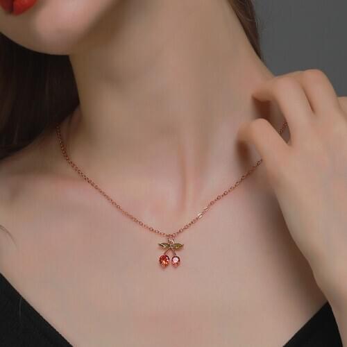 Sweet Little Cherry Necklace Crystal Zircon Fruit Cherry Necklace For Women Jewelry Clavicle Necklaces Pendants Choker Colar