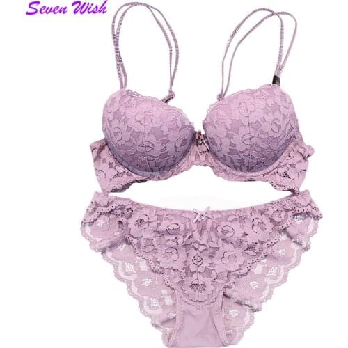 Fashion sexy full lace embroidery thin thick double shoulder strap thickening underwear deep V-neck womens push up bra set