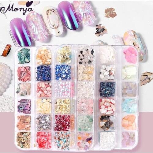 Monja 6 Styles Nail Art Abalone Shell Irregular Flakes Sequins Multi-size 3D Rhinestones Pearl Jewelry DIY Manicure Decorations