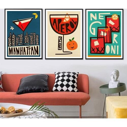 Cartoon Fruit Juice Aperol Spritz Posters And Print Gin Manhattan Negroni Canvas Painting Club Bar Shop Wall Decoration Pictures
