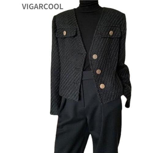 New modern Fashion woven tweed long-sleeved V-neck Jacket Autumn 2021 Temperament cool Jacket Women short black Jacket Female