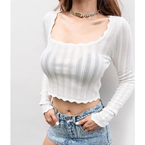 NEW hot sexy korean women Women Scoop Neck Open Stitch Jumper In Fine Knit Rib With Wave Trim Sexy Knit Top sweater A631