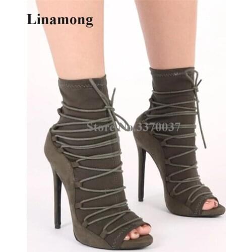 Women New Fashion Open Toe Suede Leather Short Gladiator Boots Lace-up Army Green Strap Cross High Heel Ankle Booties
