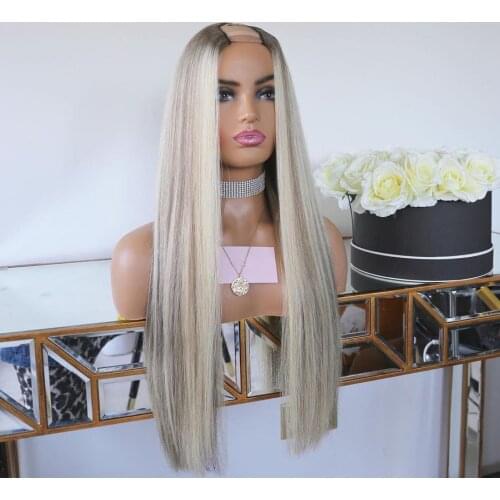 Malaysia Highlight 1x4 U Part Human Hair Wigs Remy 180Density Ash Blonde 1X4 Opening U Part Wigs for Women Machine Made