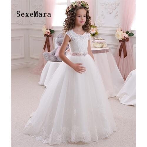 Customized Ivory White Flower Girls Dresses Ball Gown Lace Floor Length Girls First Communion Dress Princess Dress 2-14 Old