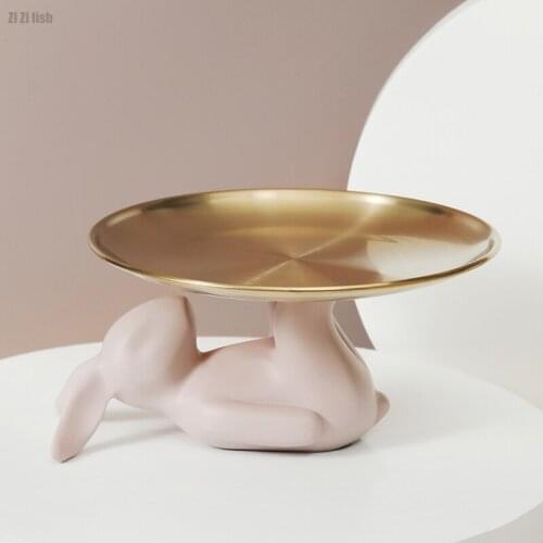 Creative Resin Pink Rabbit Tray Cute Animal Sculpture Art Desktop Living Room Decoration Candy Jewelry Storage Tray Wedding Gift
