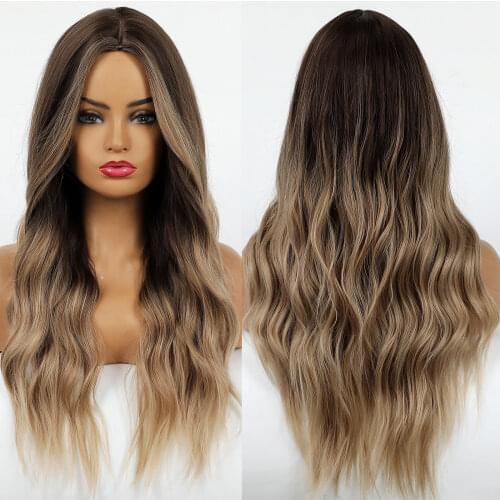 Ombre Black Brown Golden Synthetic Wig Natural Middle Part Long Body Wave Wigs for Women Daily Party Cosplay Use Heat Resistant