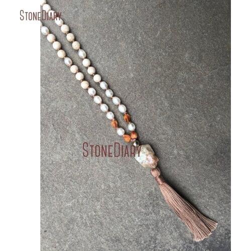 Mix Stone Howlite Pearl Riverstone Rudraksha 108 Beads Mala Necklace Hand Knotted Healing Kundalini Yoga Necklace NM11006