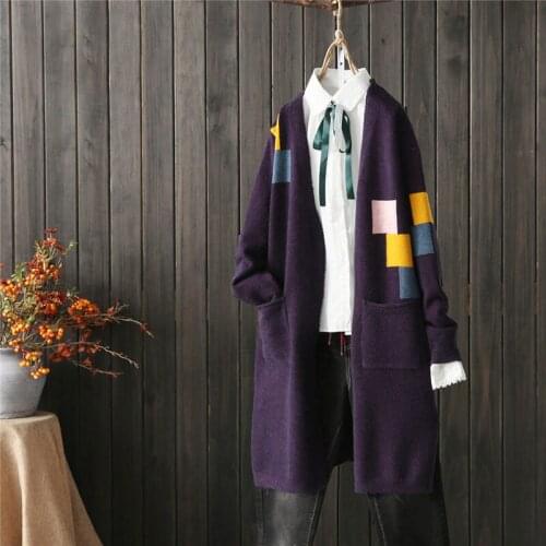 Literary Retro Knitting Yarn Color Matching Women Long Sweater Autumn Loose Sweater Coat Cardigan Fashion Casual Knitwear f2047