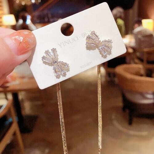 New South Korea New S925 Silver Needle Earrings Bowknot Zircon Long Tassel Earrings Female Jewelry