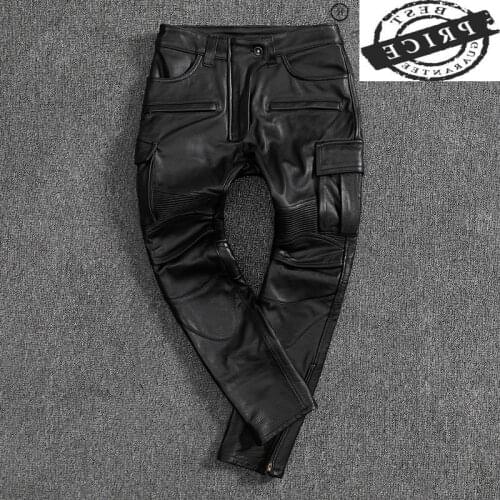 High Quality Black Mens Pants 100% Cowhide Leather Pants Men Motorcycle Trousers Plus Size axl Spring 2021 Pantalon Cuir