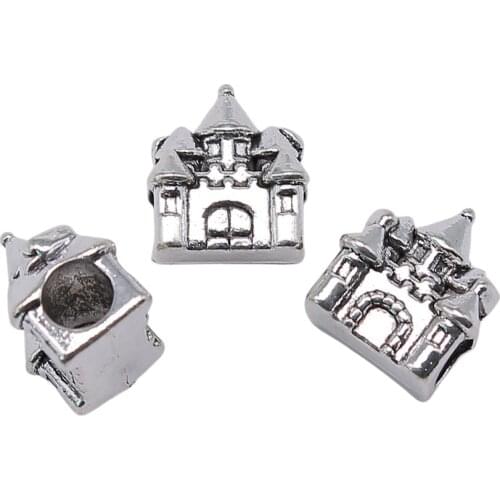 WYSIWYG 4pcs 12x11x7mm House Castle European Beads For Jewelry Making Antique Silver Color Castle Big Hole Beads Charm