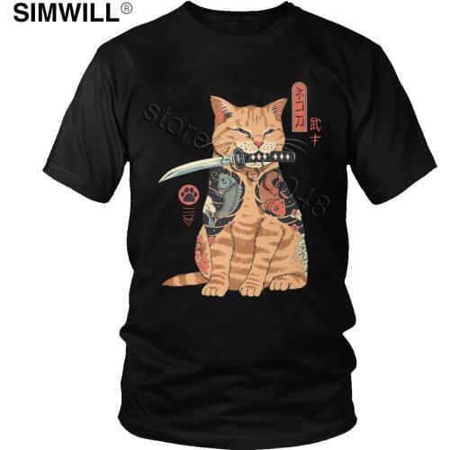 Funny Feline Cat T Shirt Humor Casual Cotton Graphic T-Shirt Men Short Sleeved O-neck Tshirt Japanese Samurai Cat Tee Gift Idea