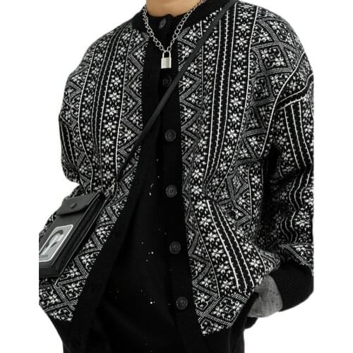 Japanese retro jacquard loose Korean lazy cardigan jacket for men women Korean knit sweater sweater jacket pull homme
