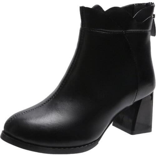 2021 New Single Lining Cotton Thick Heel Square Heel Wavy Side Round Toe Back Zipper And Ankle Womens Boots