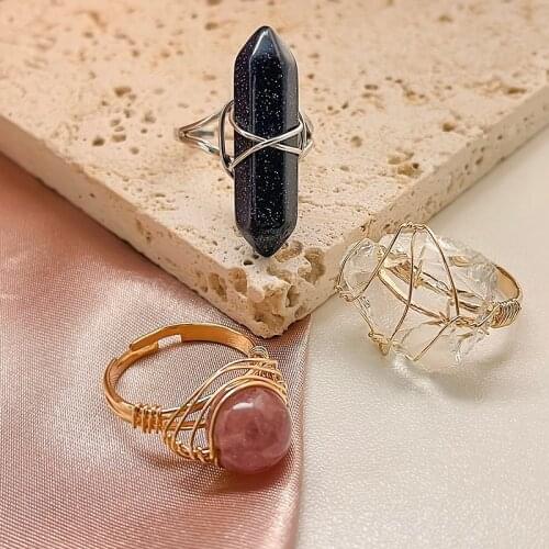 Gold Wire Wrapped Natural Stone Rings for Women Amethyst Aquamarine Pink Crystal Colorful Sun Stone Opening Rings Adjustable