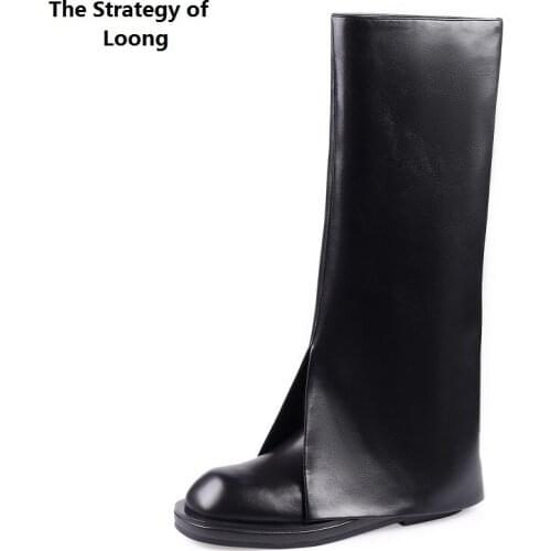 Spring Autumn New Fashion Sewing Full Grain Leather Women Modern Long Trouser Boots Winter Plush Ladies Knee-High Botas 0804