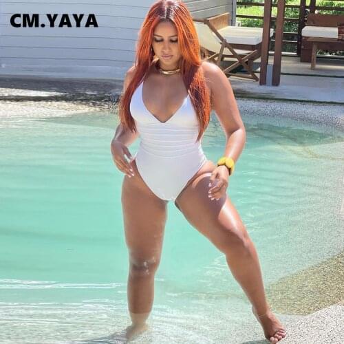 CM.YAYA Women Swimsuit Solid Sleeveless V-neck Stretchy Bodysuit Sexy Fashion Beachwear Swimwear Summer Outfits 2021