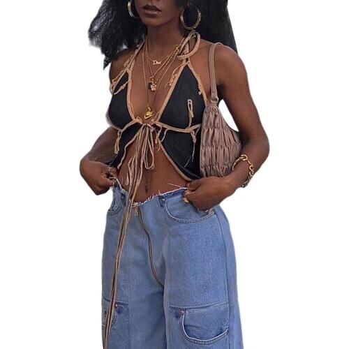 Sext Summer Women Crop Cami Tanks Tops Stylish Patchwork Sleeveless Tie Up Halter Neck Backless Camisole