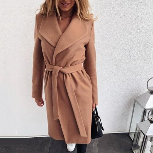 Women Winter Solid Color Long Sleeve Lapel Woolen Cardigan Warm Midi Trench Coat
