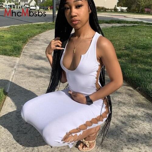 Sexy Night Club Midi Dress Women U Neck Low Cut Bodycon Robe Sleeveless Side Hollow Out Patchwork Long Dresses 2021 Summer Prom