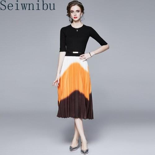 High Quality Women Knitted Dresses Fashion patchwork Color contrast Pleated Dresses Office Ladies Autumn Winter Sweater Dresss