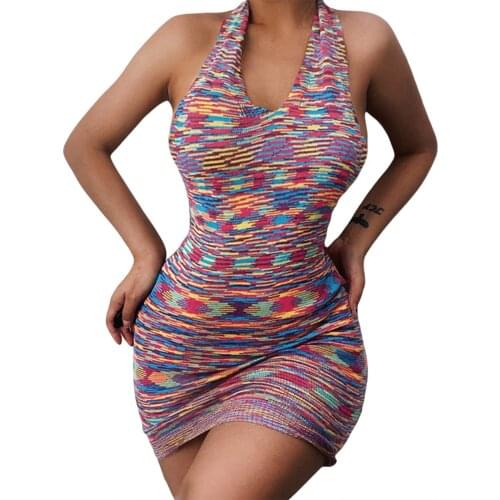 2021 Fashion Striped Knitted Halter Dress Sexy Women Sleeveless Backless Bodycon Mini Dress Club Holiday Casual Summer Sundress