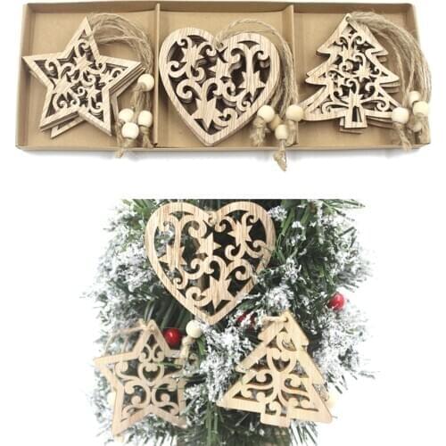 12PCS Vintage Star Heart Christmas Wooden Pendants Xmas Tree Ornament DIY Wood Crafts Kids Gift for Home Xmas Party Decorations