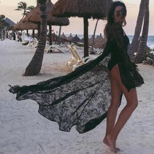 2020 Sexy Black Whie Women Lace Flower Cardigan Beach Long Dress Cover-Ups Sexy Bikini Cover Up Sunscreen Beachwear