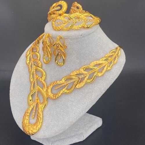 24k Dubai Jewelry Sets for Women African Collar Gold Necklace Bracelet earrings ring set jewelry Ethiopian Round Wedding Gifts