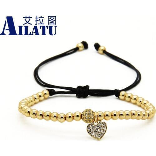 Ailatu 6mm Copper Clear Cz Beads Heart and Wing Bracelet Girl and Women Charms Jewelry Pulseira Hombres