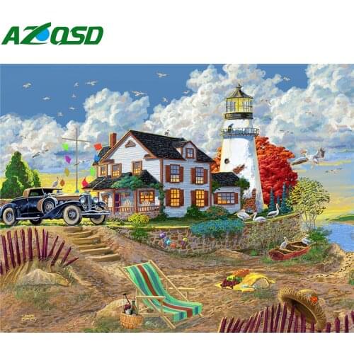 AZQSD Diamond Painting Seaside Cross Stitch Handmade Diamond Embroidery Scenery House Rhinestones Gift Home Decor Art