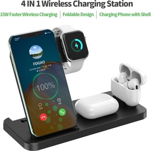 4 in 1 Qi Wireless Charger 15W Fast Induction Charging Dock Station Foldable Holder For iPhone Pro Max XS XR Apple iWatch AirPod