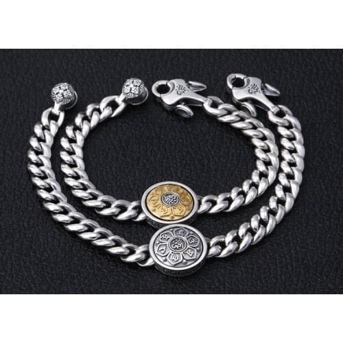 Mens Solid 925 Sterling Silver rotating Om Mani Padme Hum Bracelet bangle Link Chain Jewelry A4650
