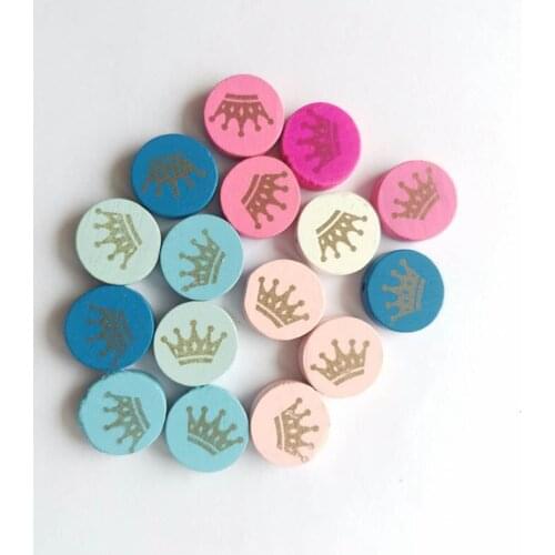 DIY 50Pcs Various Colored Round Wooden Beads Crown Pattern Wood Beads Crafts Jewelry Home Decorations Baby Toys Accessories
