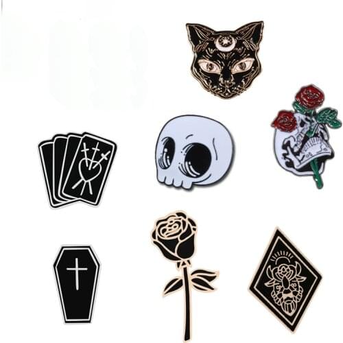 Black Witchcraft Brooches Poker Coffin Witch Hat Rose Enamel Pin Clothes Hijab Lapel Pins Bag Icon Badge Women Men Jewelry Gifts