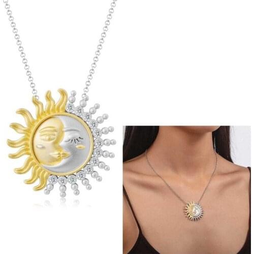 DUTRIEUX Gold Silver Color Two Tone Sun Moon Couple Pendant Necklace Celestial Fine Clavicle Chain Jewelry for Women