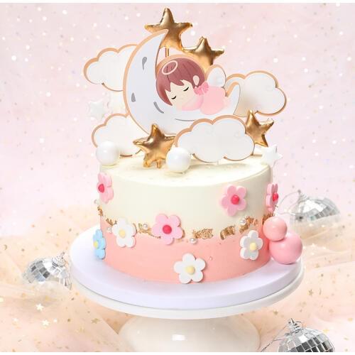 INS Angel Baby Happy Birthday Cake Topper Moon Birthday Cupcake Topper Supplies for Boys Girls Birthday Party Cake Decorations