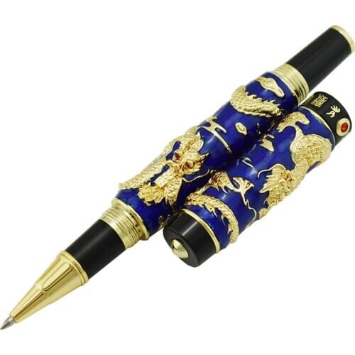 Jinhao Blue Cloisonne Double Dragon Rollerball Pen with Smooth Ink Refill Advanced Craft Writing Gift Pen for Business, Graduate