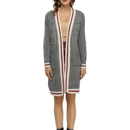 Women Autumn Cardigan Stripe Splicing Long Sleeve Open Front Knitted Coat for Girls Gray Elegant Stylish Special Design