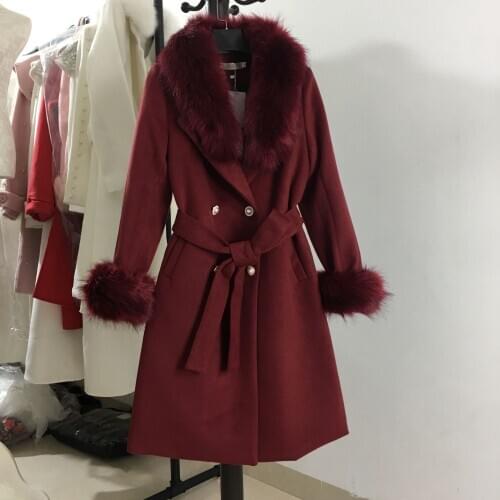 Fur collar cashmere coat women wine slim winter double breasted thick belted long overcoat