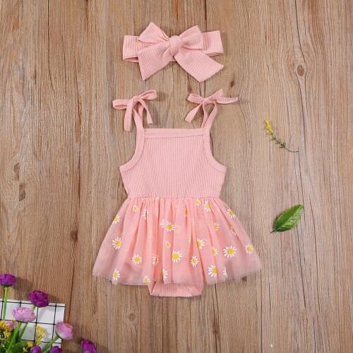 2Pcs Baby Girls Summer Outfits, Cute Self Tie Strap Sleeveless Daisy Print Tutu Romper with Headband Set